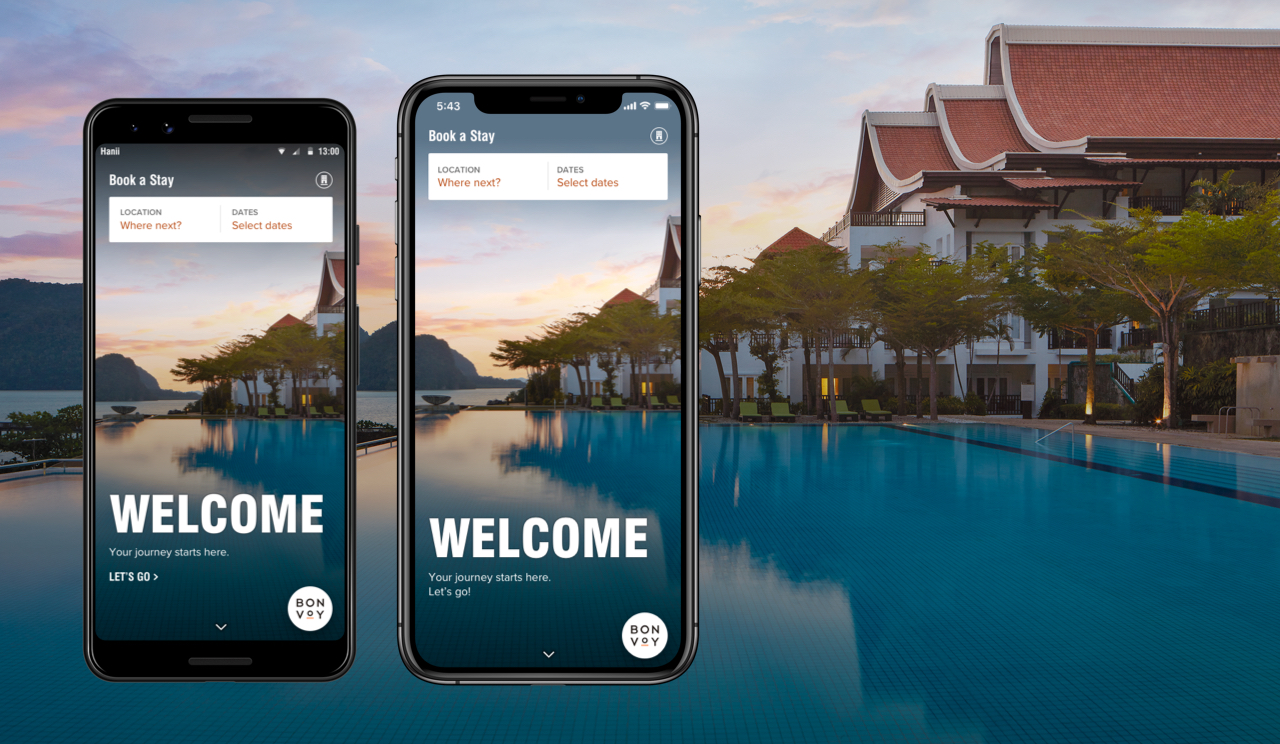 Two phone displaying the Marriott Bonvoy app